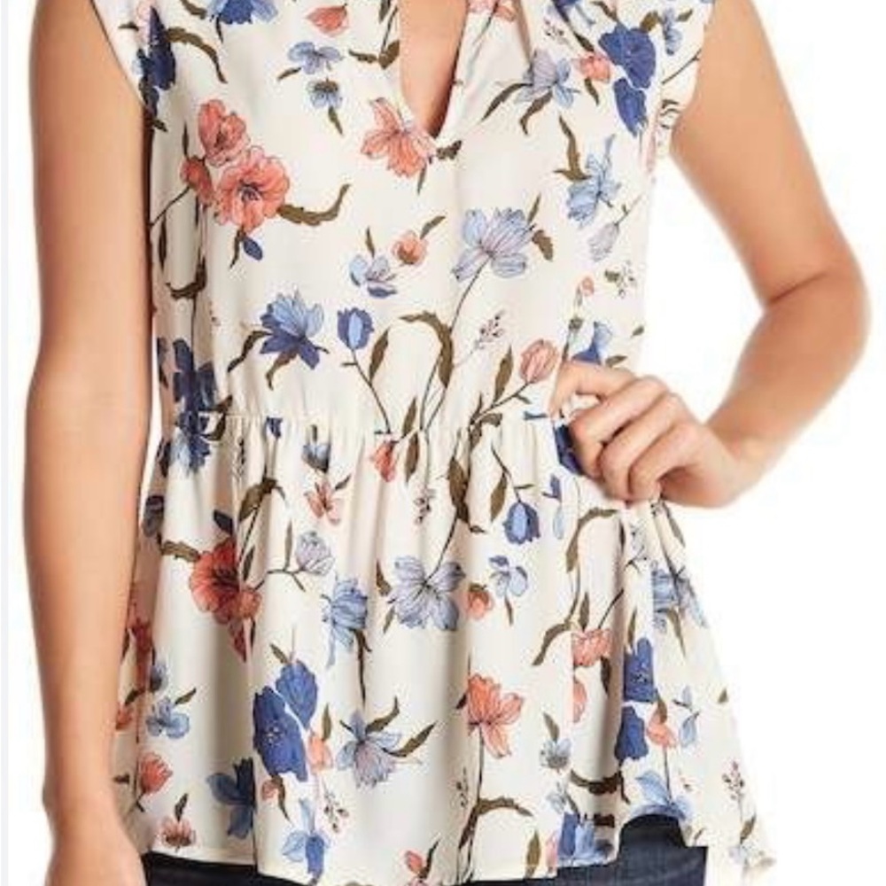 DR2 Pink and Blue Peplum Wrap Blouse with Cap Sleeves